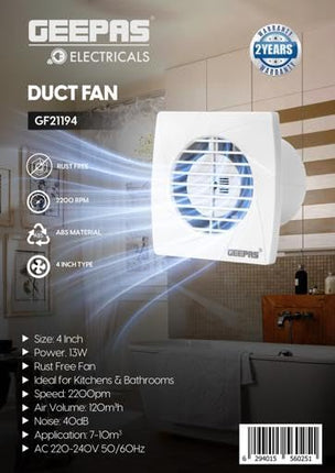 Geepas 4" Duct Fan GF21194/ 1300 RPM, Exhaust Ventilation Fans