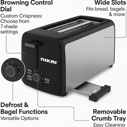 Nikai 4 Slice Toaster 7 Setting Browning Control Perfect Toast NBT666S1