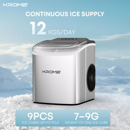 Krome Countertop Ice Maker - 12kg/24h Bullet Ice with Auto Clean
