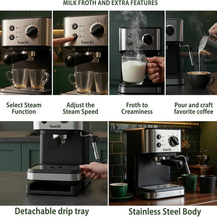 Saachi Coffee Maker NL-COF-7068-BK With 20 Bar High Pressure Pump