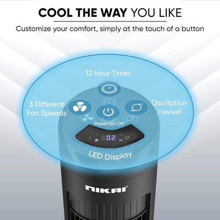 Nikai NTOF4001RL 40" Tower Fan, LED Touch Panel, 80° Oscillation, Remote Control