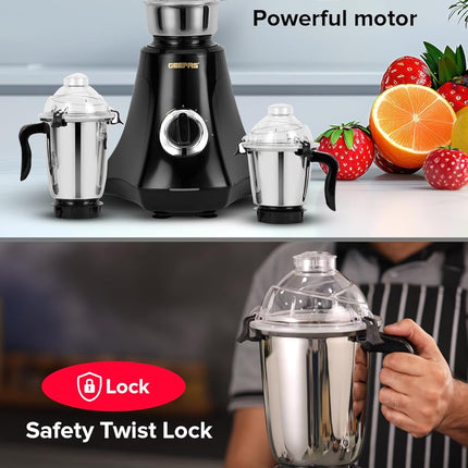 Geepas GSB44067 3-in-1 Mixer Grinder 750W - Stainless Steel Jars, 3 Speed