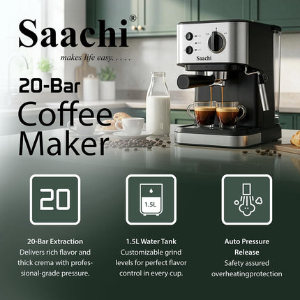 Saachi Coffee Maker NL-COF-7068-BK With 20 Bar High Pressure Pump