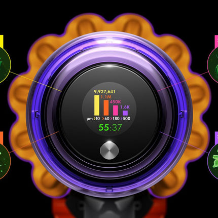 Dyson V15 Detect Absolute LCD screen showing dust particle count