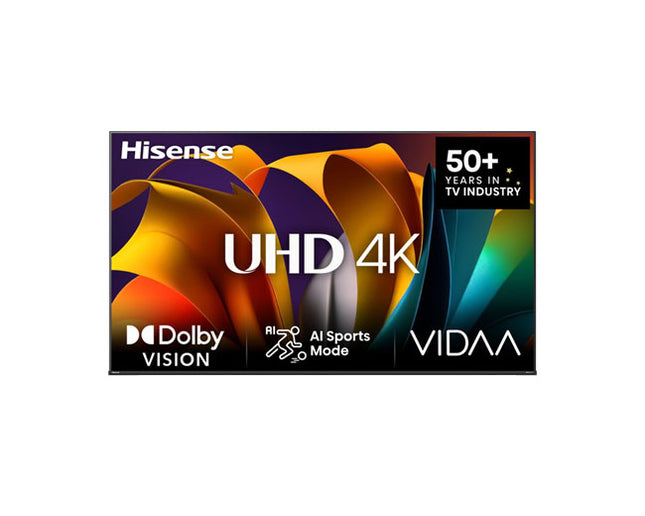 Hisense 65A6NT 65 inch 4K UHD Smart TV with HDR10, Dolby Vision, Vidaa OS, AI upscaling, smooth streaming and sleek modern design.