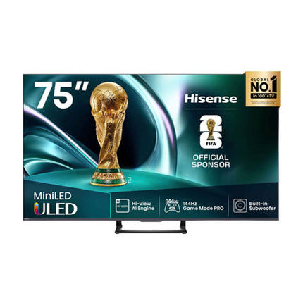 Hisense 75U7Q 75 inch ULED 4K Smart TV with Quantum Dot technology, 144Hz refresh rate, HDR support, AI upscaling, and smooth gaming performance.