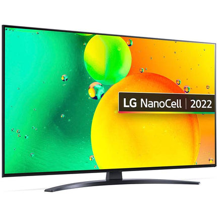 LG NanoCell 2022 television with colorful display on a white background LG NANO76 43 inch purecolor screen quality