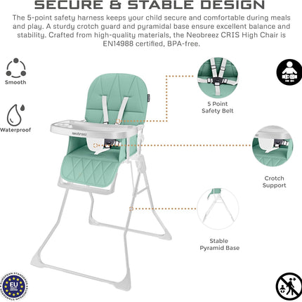 Neobreez CRIS Premium Baby High Chair Lightweight Foldable Adjustable Tray 5 Point Harness
