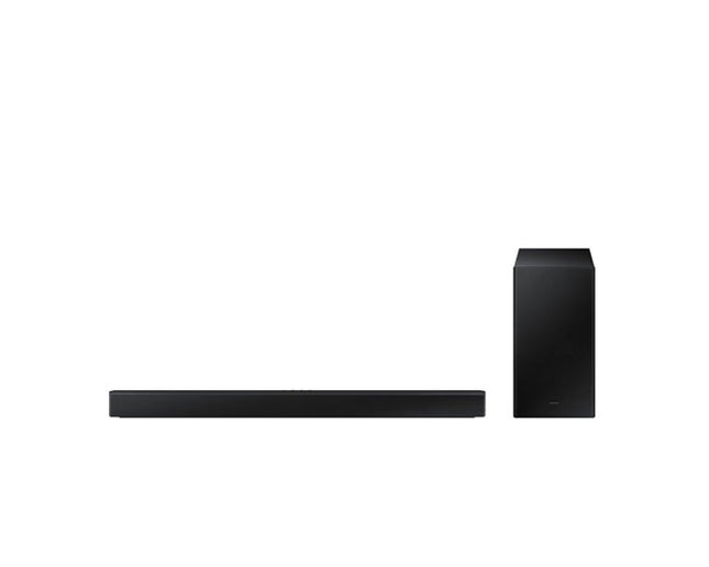 Samsung HW-B450 2.1ch soundbar with Dolby Audio, wireless subwoofer, Bass Boost & Game Mode for powerful home entertainment sound.