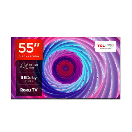 TCL 55RC650 55-inch 4K UHD Smart TV with HDR, Dolby Audio, smart streaming apps, vivid picture quality & sleek design.