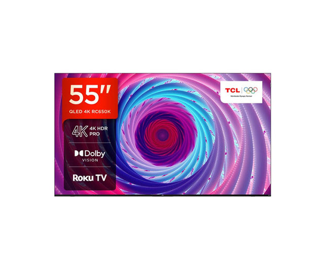 TCL 55RC650 55-inch 4K UHD Smart TV with HDR, Dolby Audio, smart streaming apps, vivid picture quality & sleek design.
