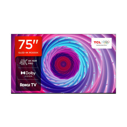 TCL 75RC650 75 inch 4K UHD QLED TV with 60Hz refresh rate, HDR support, AiPQ Engine, vibrant color enhancement, and Dolby Audio for immersive entertainment experience.