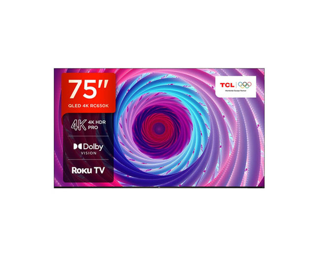 TCL 75RC650 75 inch 4K UHD QLED TV with 60Hz refresh rate, HDR support, AiPQ Engine, vibrant color enhancement, and Dolby Audio for immersive entertainment experience.