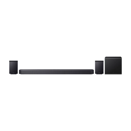 Samsung HW-Q935F front view with rear speakers and subwoofer