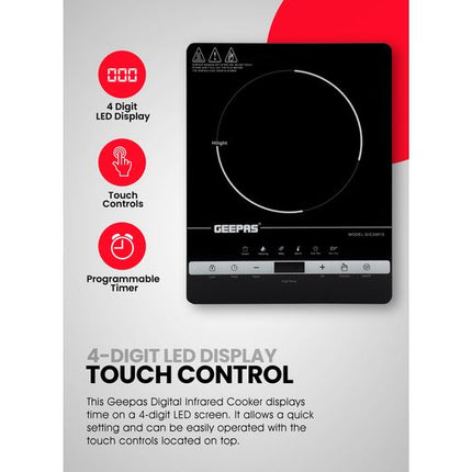 Geepas GIC33013 Digital Infrared Cooker, 2000W, Touch Control, 4-Digit LED Display